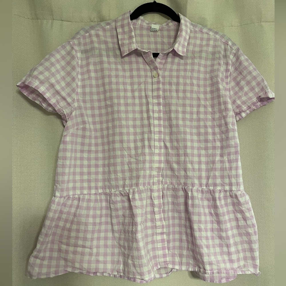 Purple and white checkered button down peplum shirt